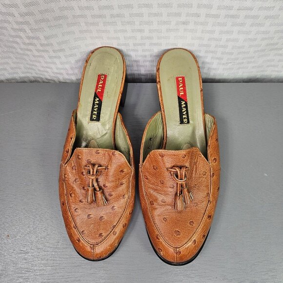 Vintage Paul Mayer Tan Ostrich Leather Low Heel Tassel Mules Size 7 - Picture 3 of 12
